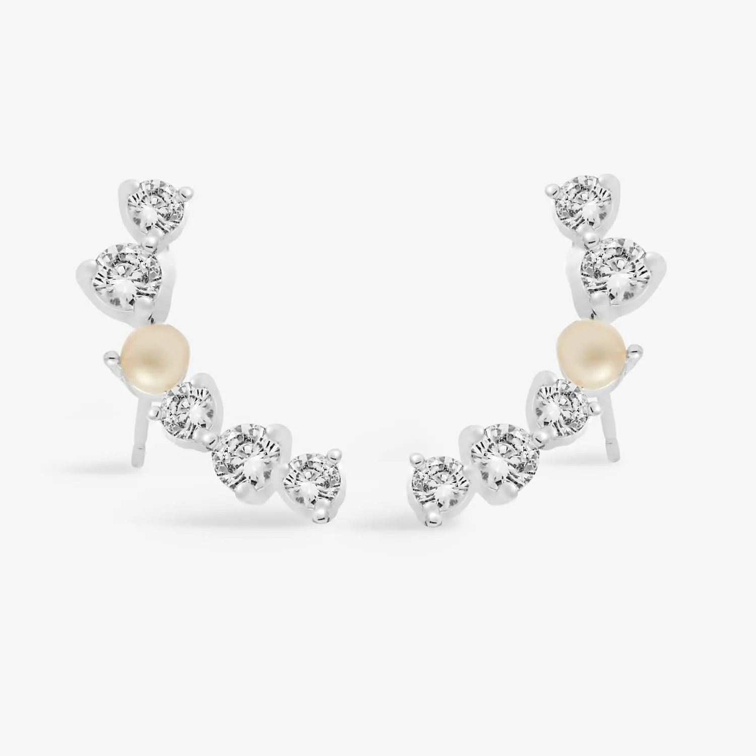 Halo Pearl Cubic Zirconia & Pearl Crawler Silver Plated Earrings 7845 Joma Jewellery