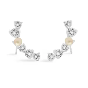 Halo Pearl Cubic Zirconia & Pearl Crawler Silver Plated Earrings 7845 Joma Jewellery