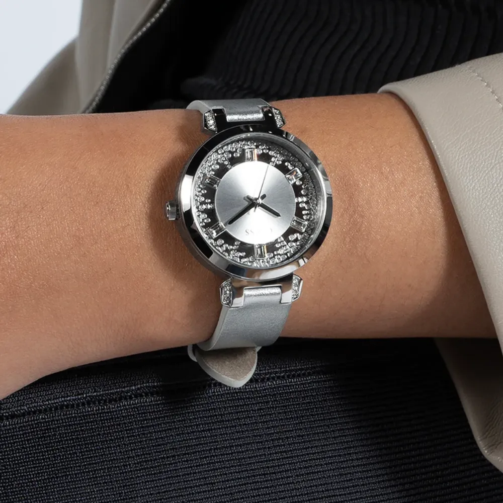 Jewelry Guess Watches Guess Analog Silver Leather Strap Women Watch GW0535L3