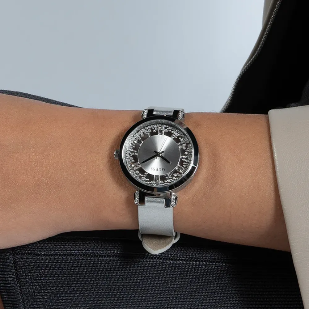 Jewelry Guess Watches Guess Analog Silver Leather Strap Women Watch GW0535L3