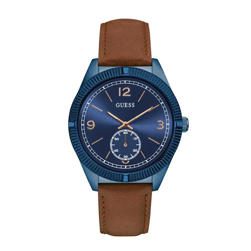 Jewelry Guess Watches GUESS BLUE STAINLESS STEEL W0873G2 BROWN LEATHER STRAP MEN'S WATCH