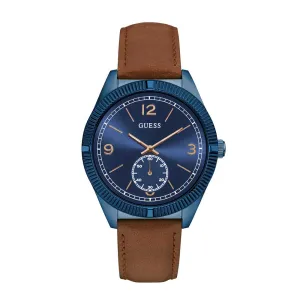 Jewelry Guess Watches GUESS BLUE STAINLESS STEEL W0873G2 BROWN LEATHER STRAP MEN'S WATCH