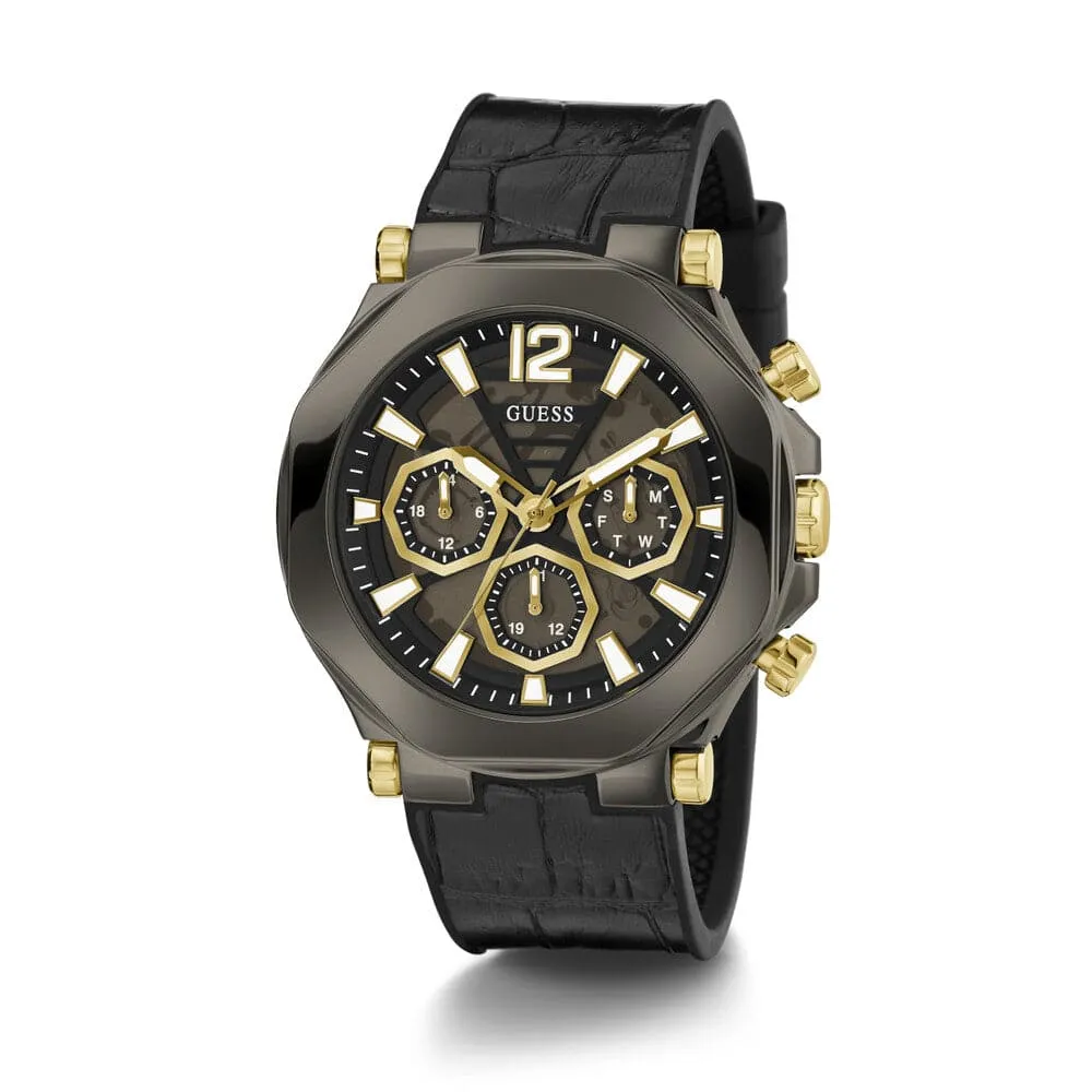 Jewelry Guess Watches Guess Gun Metal Case Black Genuine Leather Men's Watch GW0492G1