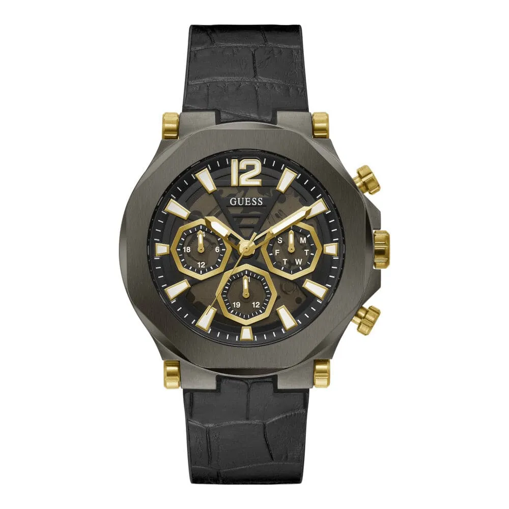 Jewelry Guess Watches Guess Gun Metal Case Black Genuine Leather Men's Watch GW0492G1