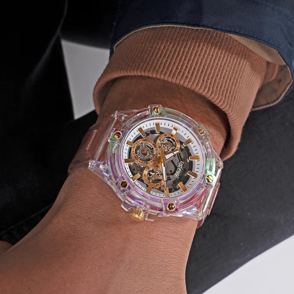 Jewelry Guess Watches Guess Multifunction Pink Resin Strap Women Watch GW0806G4