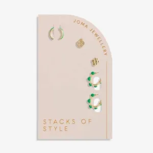 Stacks Of Style Green Enamel Gold Plated Set Of Earrings 7101 Joma Jewellery