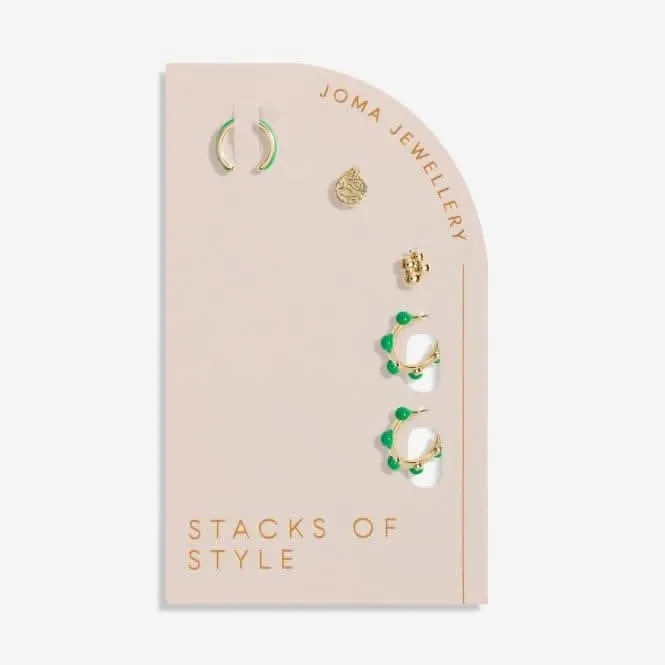 Stacks Of Style Green Enamel Gold Plated Set Of Earrings 7101 Joma Jewellery